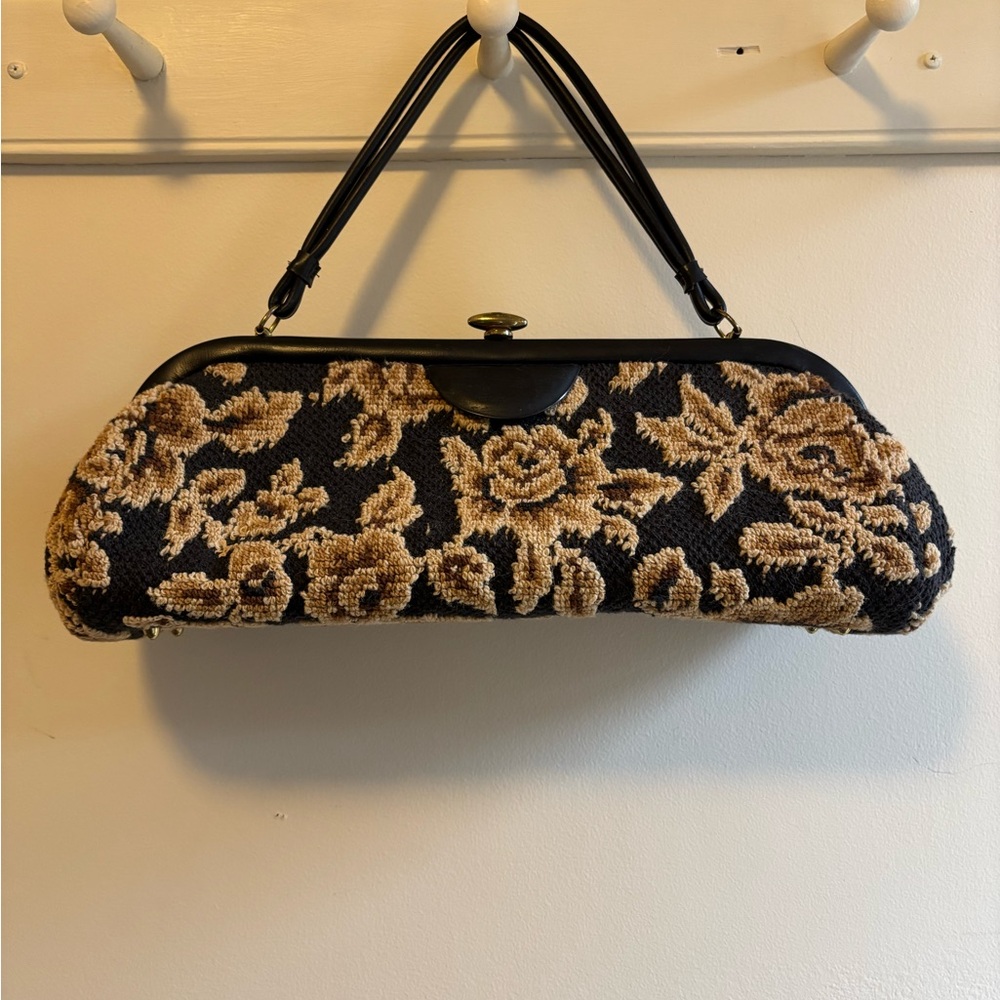 Black and Tan Satchel with Ornate Floral Design
